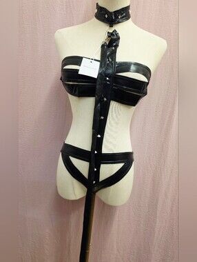 Women's Strappy Stud Choker PU Leather Lingerie Set- Black, Medium